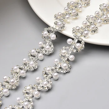 1Yard Pearl kalnų krištolas Apdaila S-Formos Gėlių Grandinės Danga Silver Crystal Juostelę Vestuvių Suknelė, Diržas, 