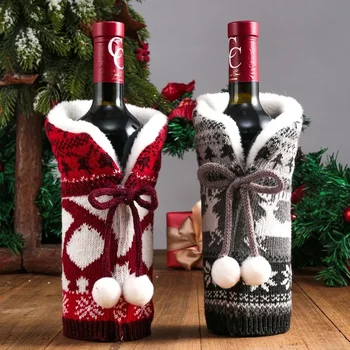 Naujas Mao Qiu Megztas Raudonas Vynas Nustatyti Kalėdų Dekoratyvinis Atmosfera Prekių Namuose Šventė Vyno Butelis Rinkinys