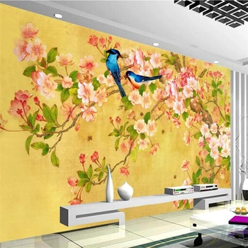 wellyu papel de parede Užsakymą tapetai 3d freskos gėlių ir paukščių puošmena Kinijos freskos gyvenimo kambario, miegamasis 3d tapetai обои
