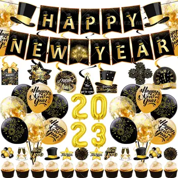 Laimingų Naujųjų Metų Šaliai Apdailos Juodojo Aukso Naujųjų Metų Skrybėlių Reklama Balionai Nustatyti Nudžiuginti 2023 Vaikams, Suaugusiems, Laimingų Naujųjų Metų Šalies Prekių