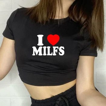 Aš Myliu Milfs Apkarpytos Viršų Seksuali Moteris Šalis Mados Drabužių Streetwear Komplektus Paprastų T Marškinėliai Moteriška Pasėlių Viršuje Marškinėlius Juoda Tees