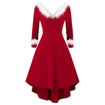 Kalėdų Vakarėlį Ilga Suknelė Moterims Seksualus V-Kaklo Raudona Swing Suknelė Žiemos Baltos Pliušinis Apdaila Plisuotos Asimetrinė Midi Suknelė Santa Kostiumas