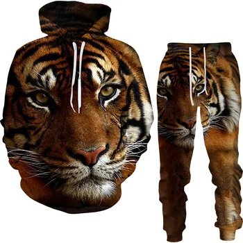 Mados rudens vyrų hoodie nustatyti 3D atspausdintas miško tigras ir Europa, ir jav populiarių sporto vyrų hoodie + kelnės rinkinys