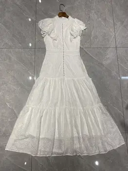 Moterų Suknelė Nėriniai Siuvinėjimo Balti Berankoviai 2023 Vasarą, Rudenį, Nėrimo Gėlių Bakas Midi Ilgai Vakare Šalies Moterų Suknelės