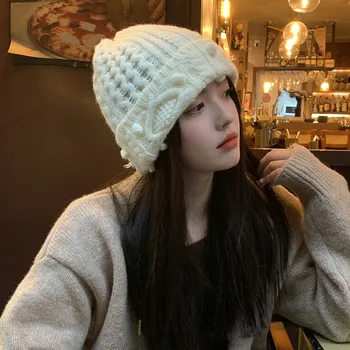 Korėjos Ins Madinga Vilnos Skrybėlę Lady vientisos Spalvos Skullies Rudenį ir Žiemą Šiltas Atsitiktinis Megzti Megztinis Kepuraitės, Kepuraitės Moterims