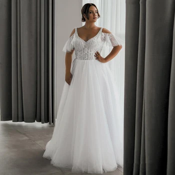 Plus Size Vestuvių Suknelės Moteris 2023 Elegantiškas V-Kaklo trumpomis Rankovėmis, Aplikacijos Linijos, Nėriniai Atgal Nuotakos Suknelė Chalatas De Mariage