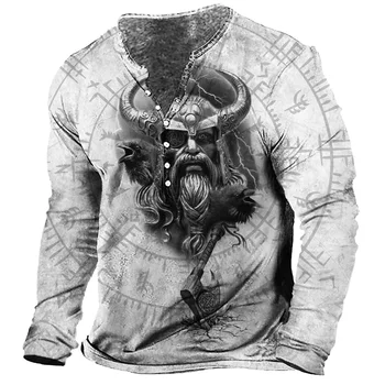 Medvilnės ilgomis Rankovėmis T-shirt Už Mens Viking Spausdinti Henley Marškinėliai Topai Gatvė Lauko 3D Marškinėliai Negabaritinių Marškinėliai Vyrams, Drabužiai